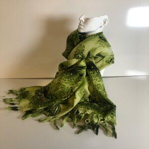 Rima Scarf Wrap Green Patterned Fringed Lightweight 42x65in Beachwear